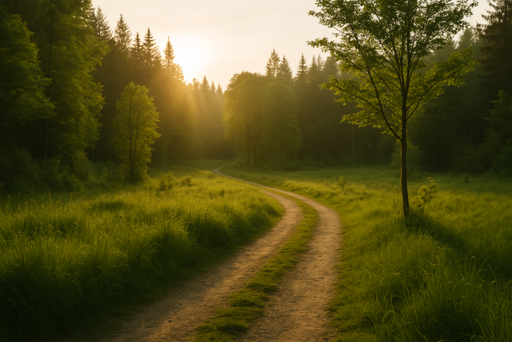 Waldweg im warmen Abendlicht, der durch eine helle, grüne Landschaft führt.