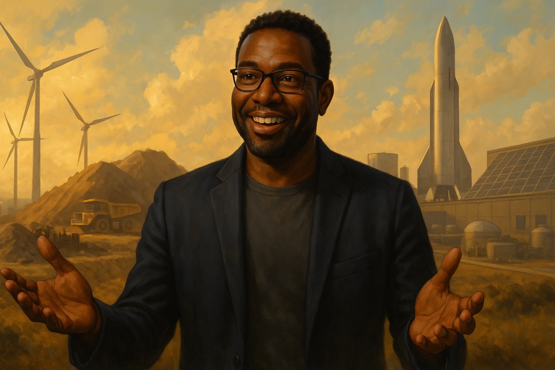 Sympathischer afroamerikanischer Visionär Mitte 40 vor futuristischer Landschaft mit Ressourcenbezug – Windräder, Solarzellen und Rakete im Hintergrund.