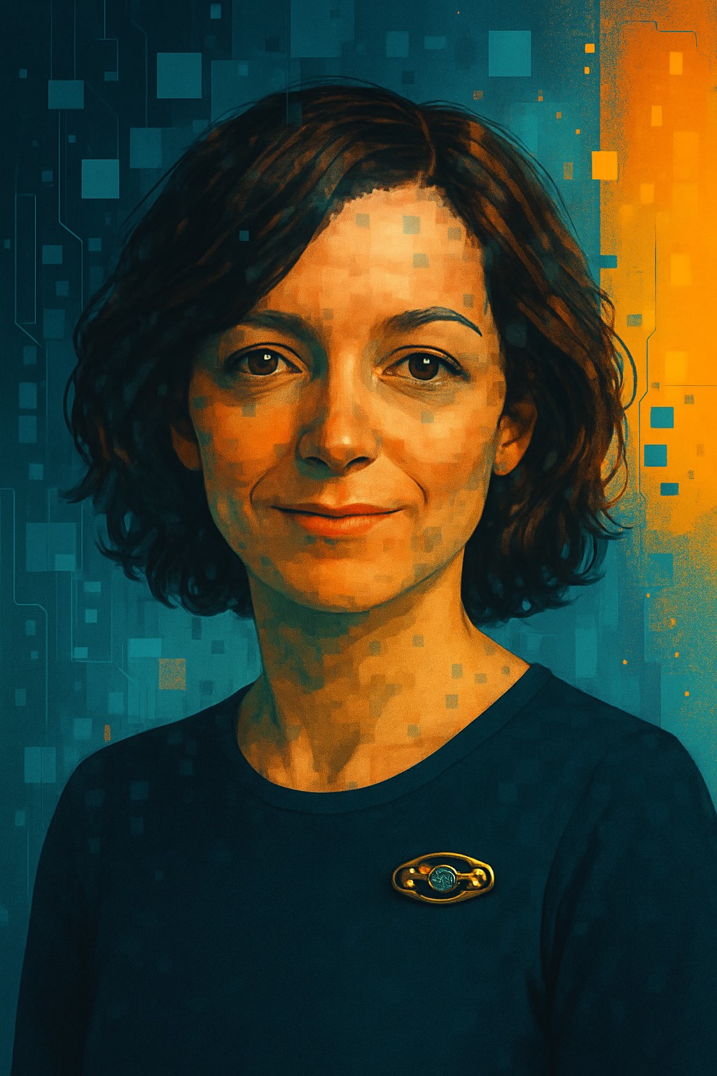 Caroline, als digitales Modell, elegante Dame, braunes halblanges Haar, lächelnd, mit Brosche