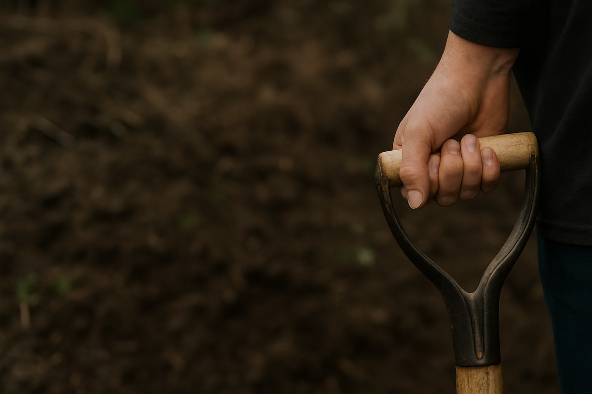 „Eine Hand umfasst den Holzgriff einer Schaufel – bereit zum Handeln.“
