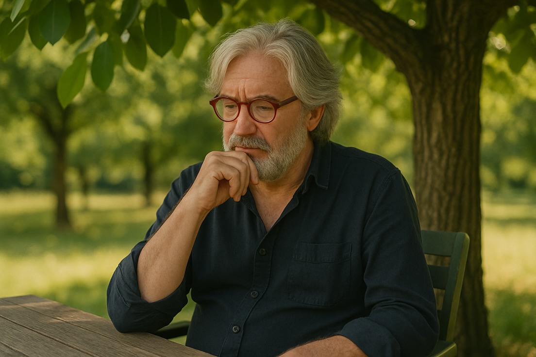 Älterer Mann mit grauem Haar, roter Brille und nachdenklichem Blick sitzt unter einem Nussbaum an einem Holztisch – Symbolfigur Ishmael des Siebenkörper-Kunstprojekts