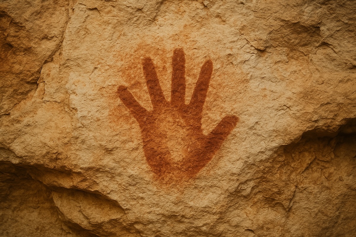 Ein rötlich-brauner Handabdruck auf einer rauen Höhlenwand aus ockerfarbenem Stein.