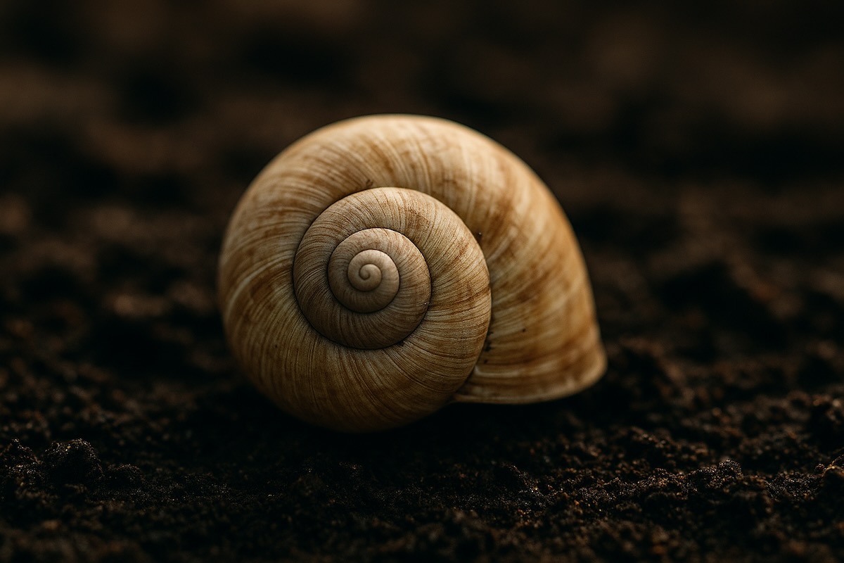 Eine leere Schneckenschale liegt spiralig gewunden auf dunkler, feuchter Erde.