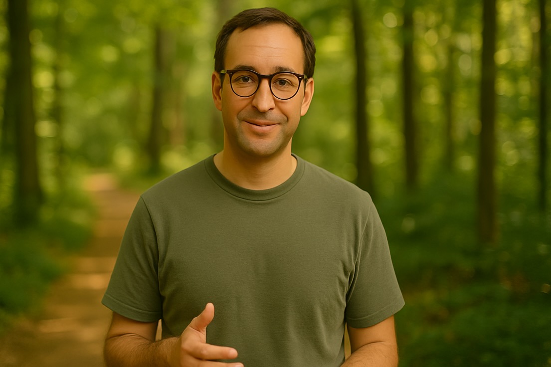 Martin Schollmoser beim Spaziergang im Wald an einem sonnigen Tag, in Freizeitkleidung, lächelnd in die Kamera.