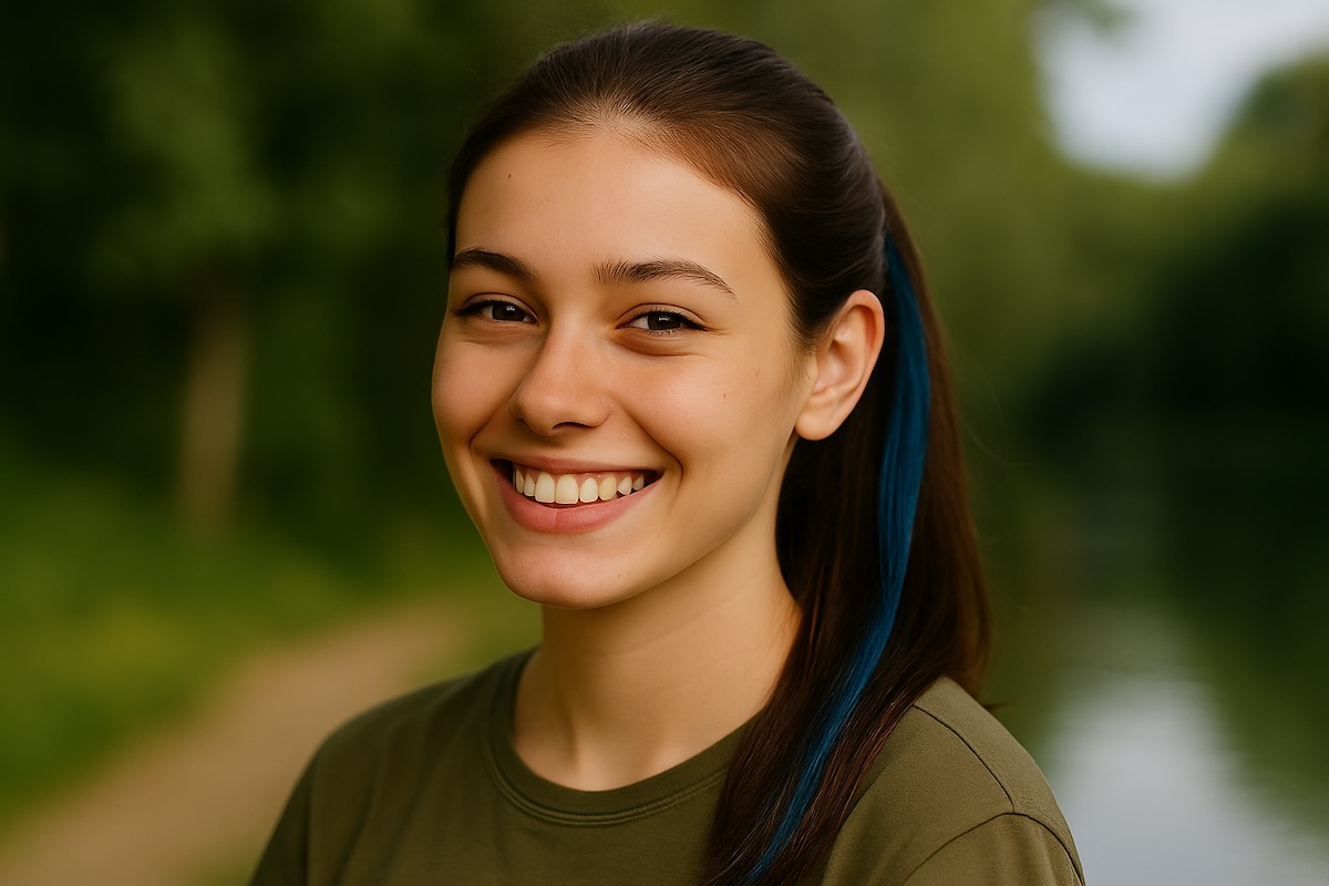 Porträt einer jungen Frau mit hoher Ponytail-Frisur und freundlichem Blick, vor natürlichem, unscharfem Hintergrund im Querformat