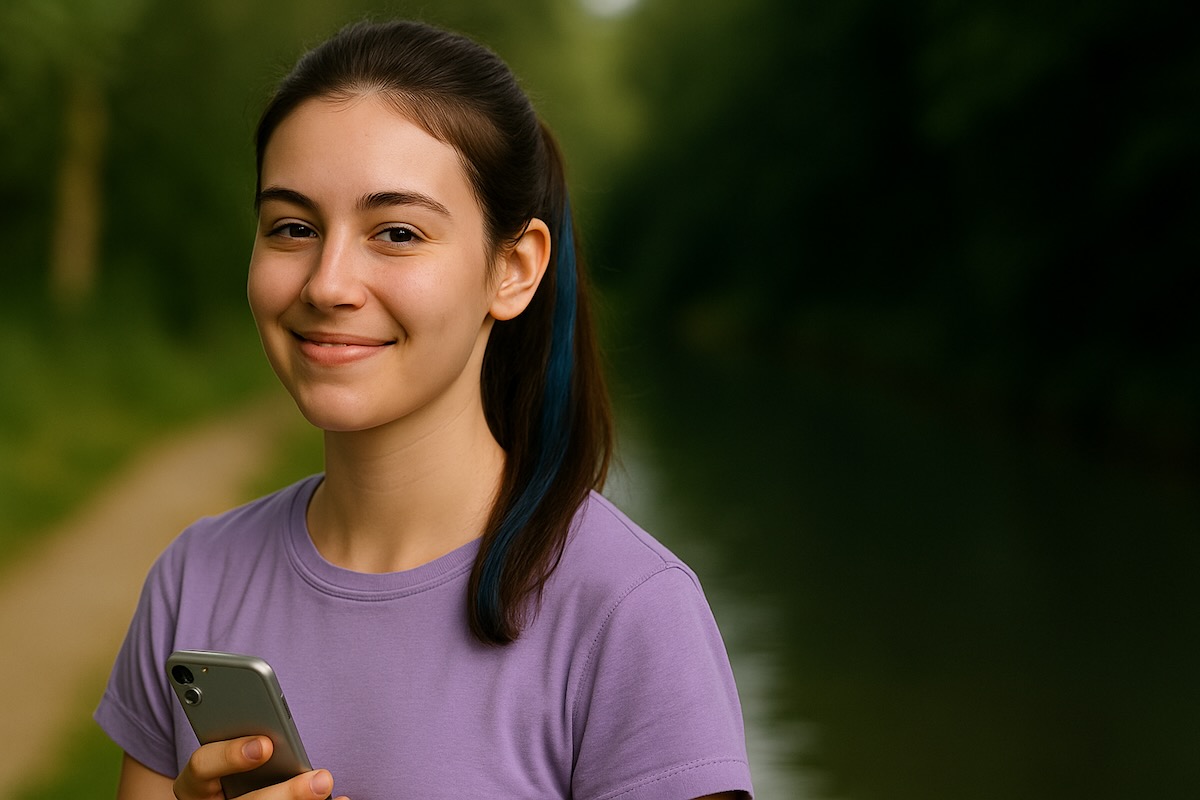 Junge Frau mit lavendelfarbenem T-Shirt und blauem Haarstreifen hält ein Smartphone in der Hand und lächelt, im Hintergrund ein grüner Weg entlang eines ruhigen Gewässers.