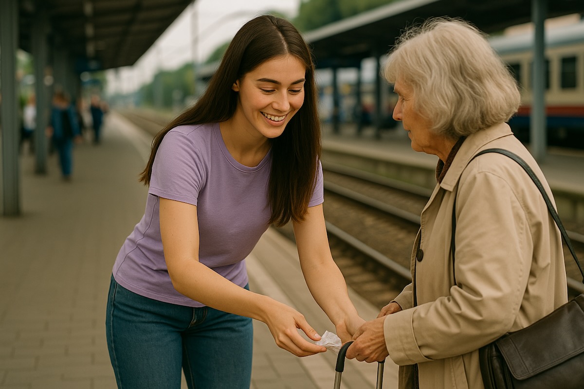Eine junge Frau reicht einer älteren etwas am Bahnhof, das sie aufgehoben hat