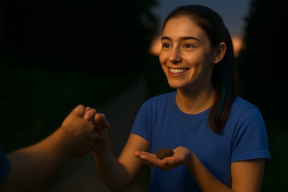 Junge Frau mit blauem T-Shirt und blauer Strähne hält in der Dämmerung einen kleinen Stein in der Hand und lächelt, während sie einer zweiten Person die Hand reicht.