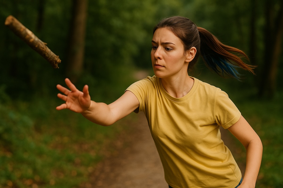 Junge Frau in gelbem T-Shirt wirft einen großen Ast in den Wald; der Ast ist bereits einen Meter von ihrer Hand entfernt, ihr Blick konzentriert, der Hintergrund ein grüner Waldweg.