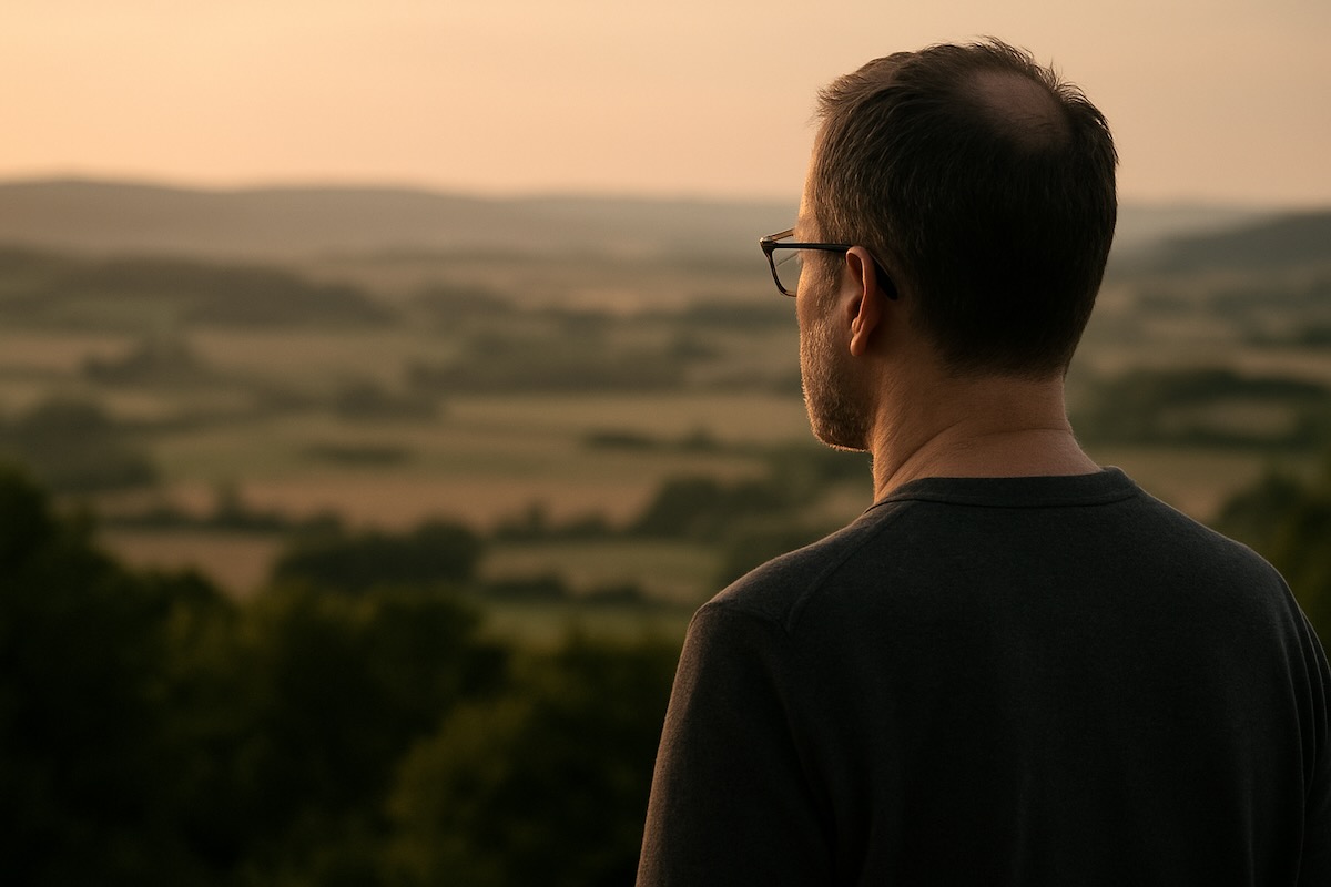 Ein Mann mit Brille blickt im Abendlicht nachdenklich über eine weite, sanfte Hügellandschaft.