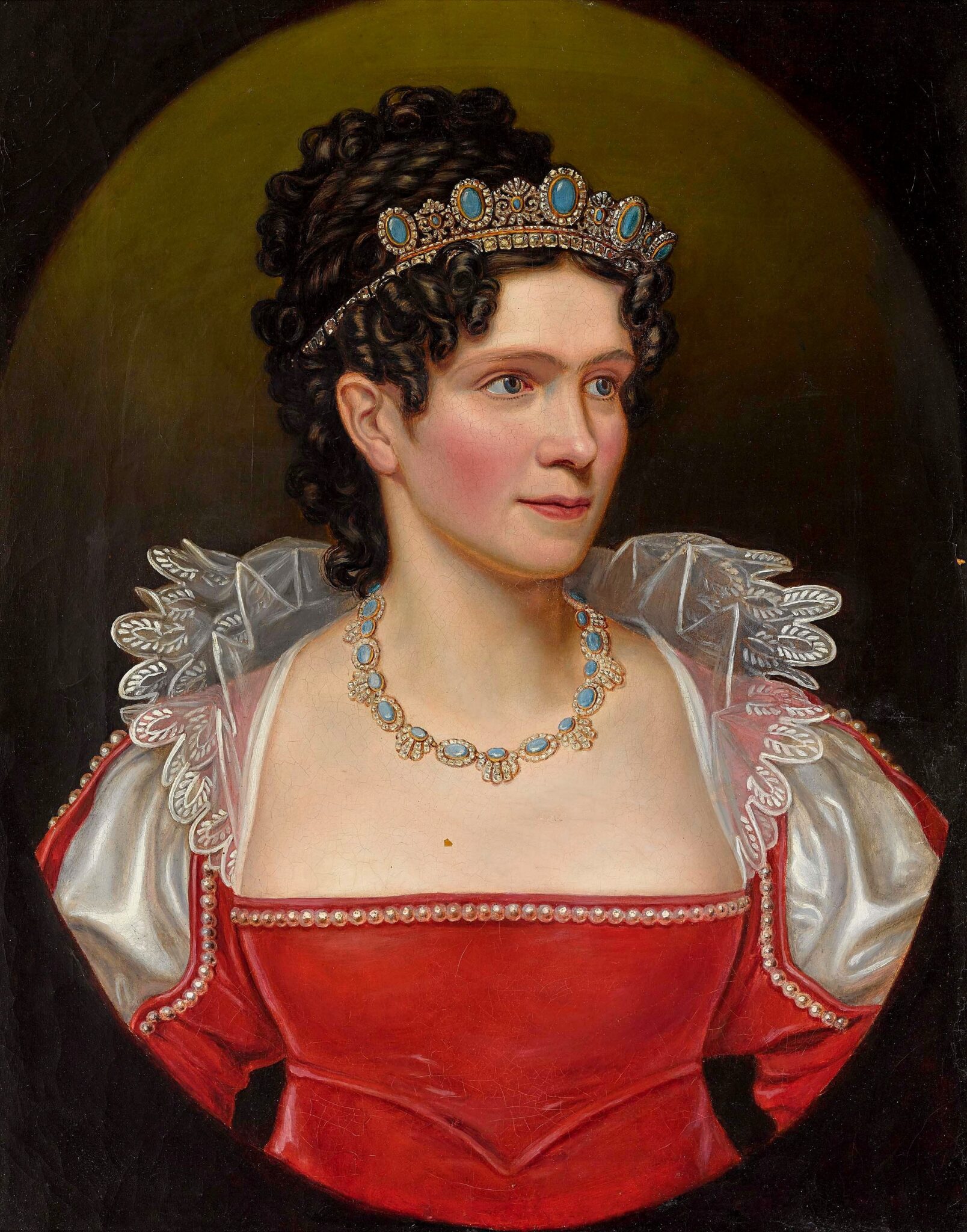 Porträt der Königin Karoline von Bayern in rotem Kleid mit Diadem und Türkis-Schmuck.