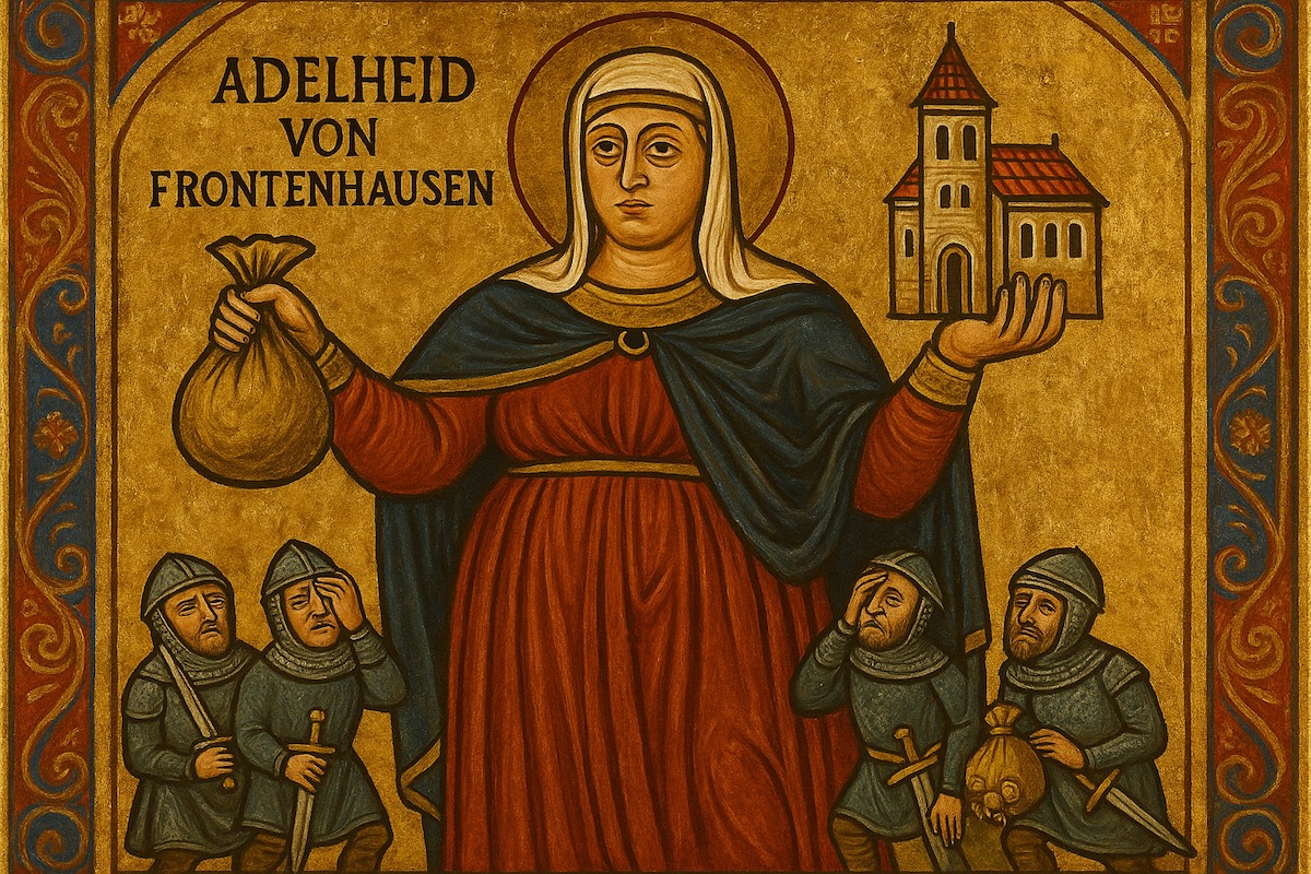 Byzantinisch anmutende Ikone der Adelheid von Frontenhausen, übergroß dargestellt mit Geldsack und Kloster, flankiert von drei kleineren Rittern.