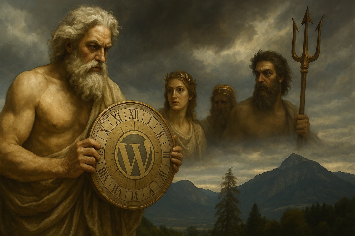 Fotorealistische Darstellung von Zeus, Hera und Poseidon vor dramatischem Himmel über dem Chiemgauer Alpenmassiv
