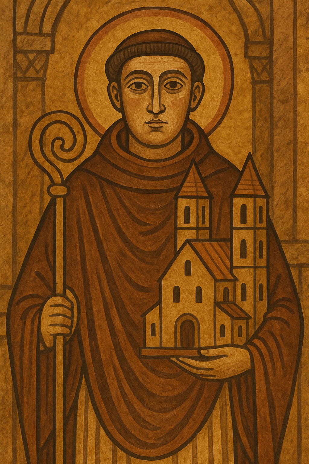 Romanische Darstellung des Abtes Gottschalk mit Abtsstab und doppelttürmigem Kirchenmodell
