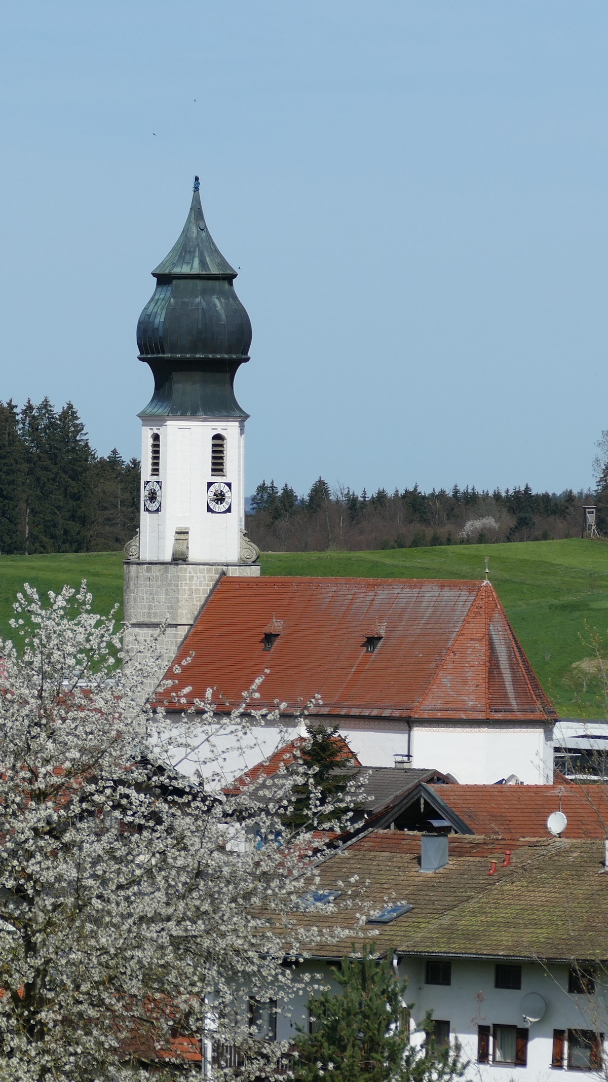 Pfarrkirche St. Peter und Paul in Erlstätt mit markantem Zwiebelturm und rotem Satteldach, Blick über die Dächer des Ortes