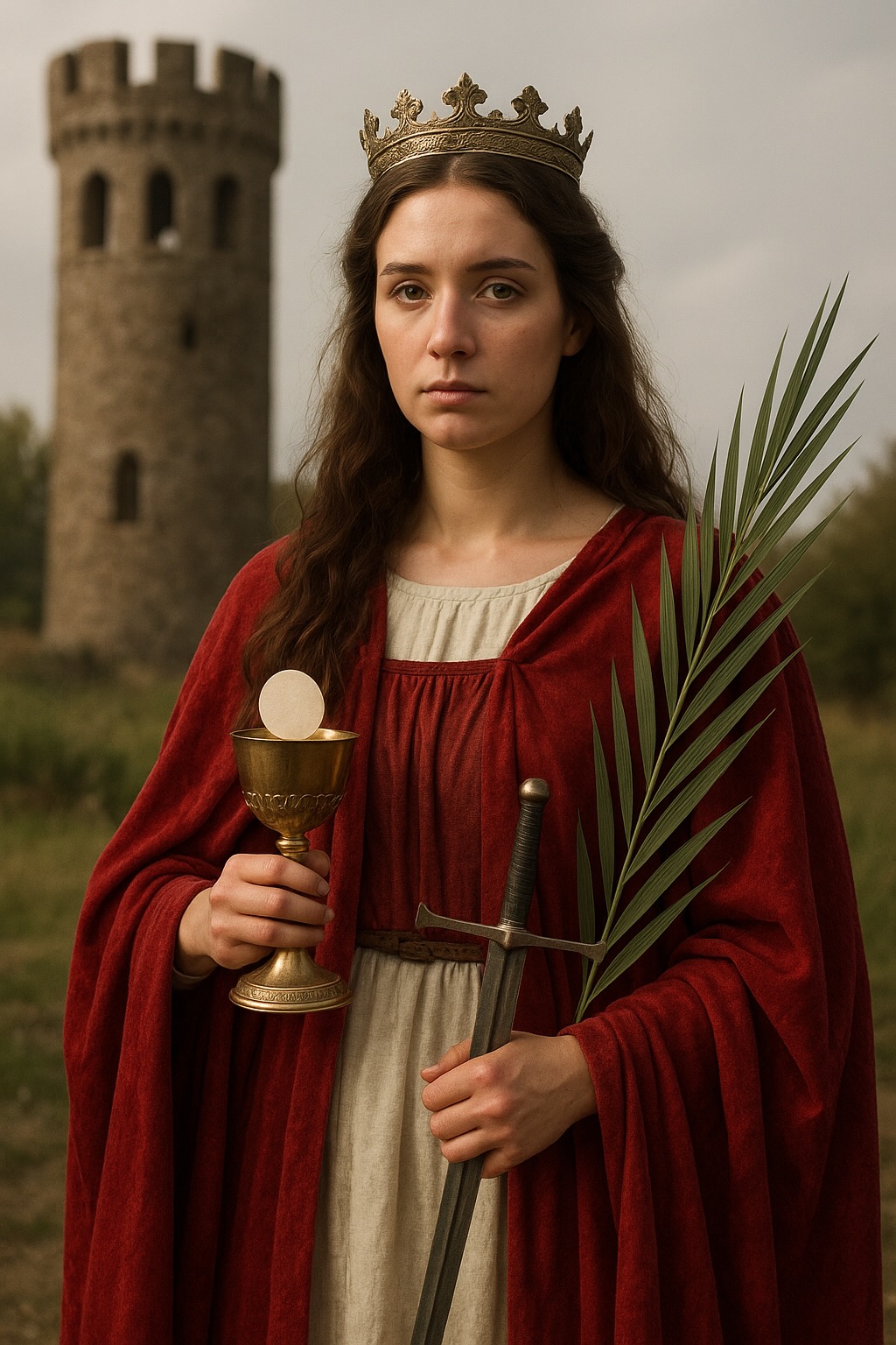 Heilige Barbara von Nicomedia mit Turm, Kelch, Hostie, Palmzweig und Schwert
