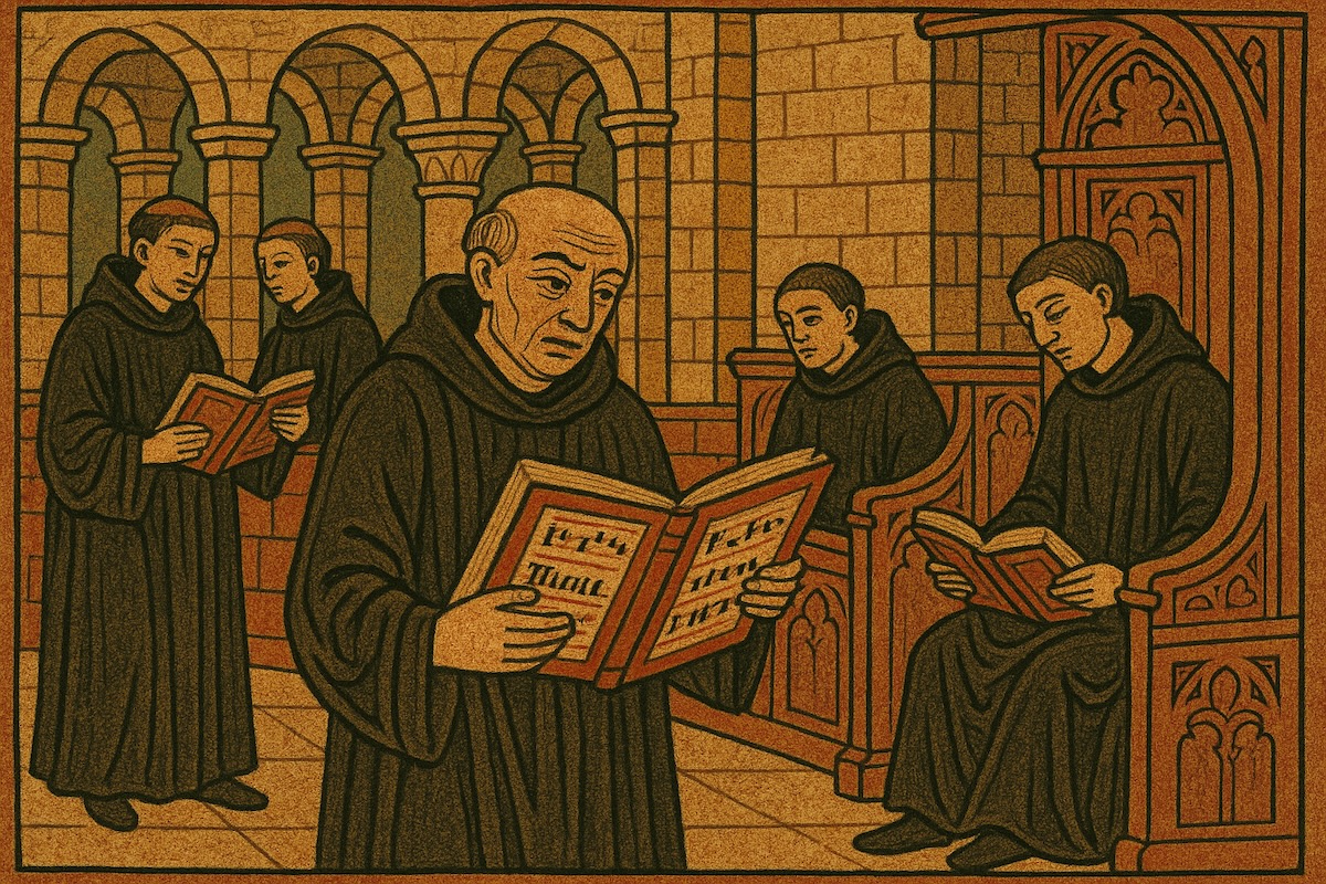 Illuminiertes Bild im romanischen Stil: Augustiner-Chorherren in Gemeinschaft, beim Gebet und in der Seelsorge dargestellt