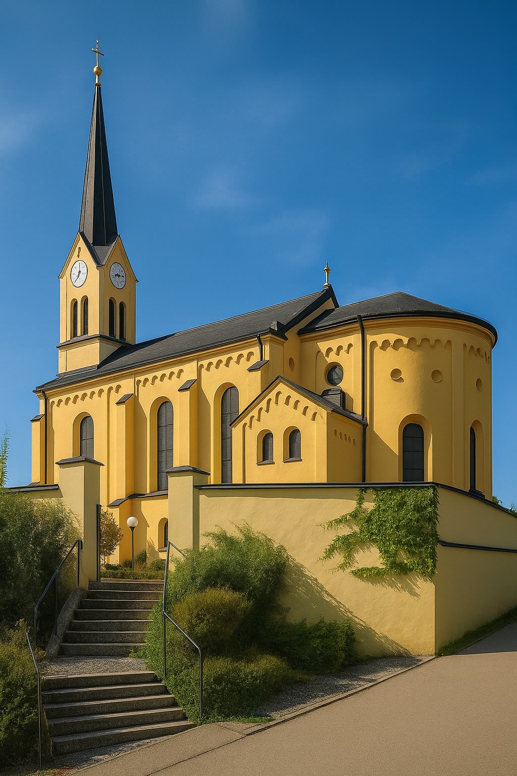 Außenansicht der Pfarrkirche Mariä Himmelfahrt in Chieming, neuromanischer Bau des 19. Jahrhunderts mit gelber Fassade und hohem Turm