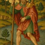 Gotische Darstellung des hl. Christophorus, der das Jesuskind auf der Schulter trägt und durch einen Fluss schreitet