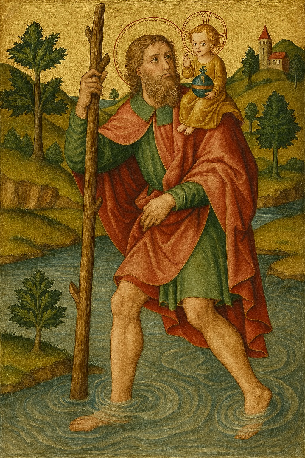 Gotische Darstellung des hl. Christophorus, der das Jesuskind auf der Schulter trägt und durch einen Fluss schreitet