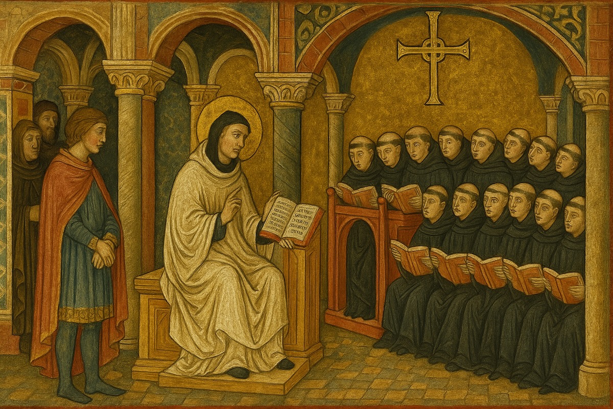 Mittelalterliche Szene im romanischen Stil, Mönche und Abt in einer Kirche, Symbol für die Reform von Cluny.