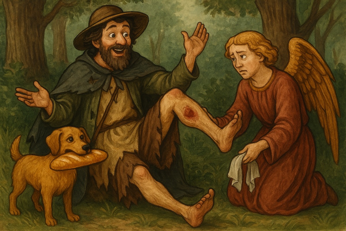 Humorvolle Illustration des heiligen Rochus mit Hund und Engel