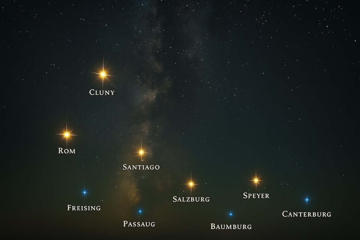 Fotorealistischer Sternenhimmel mit markierten Orten des Hochmittelalters – Cluny, Rom, Santiago, Regensburg, Salzburg, Bamberg, Freising, Passau, Augsburg, Baumburg und Vachendorf – als Fixsterne, Laternen und regionale Funken dargestell