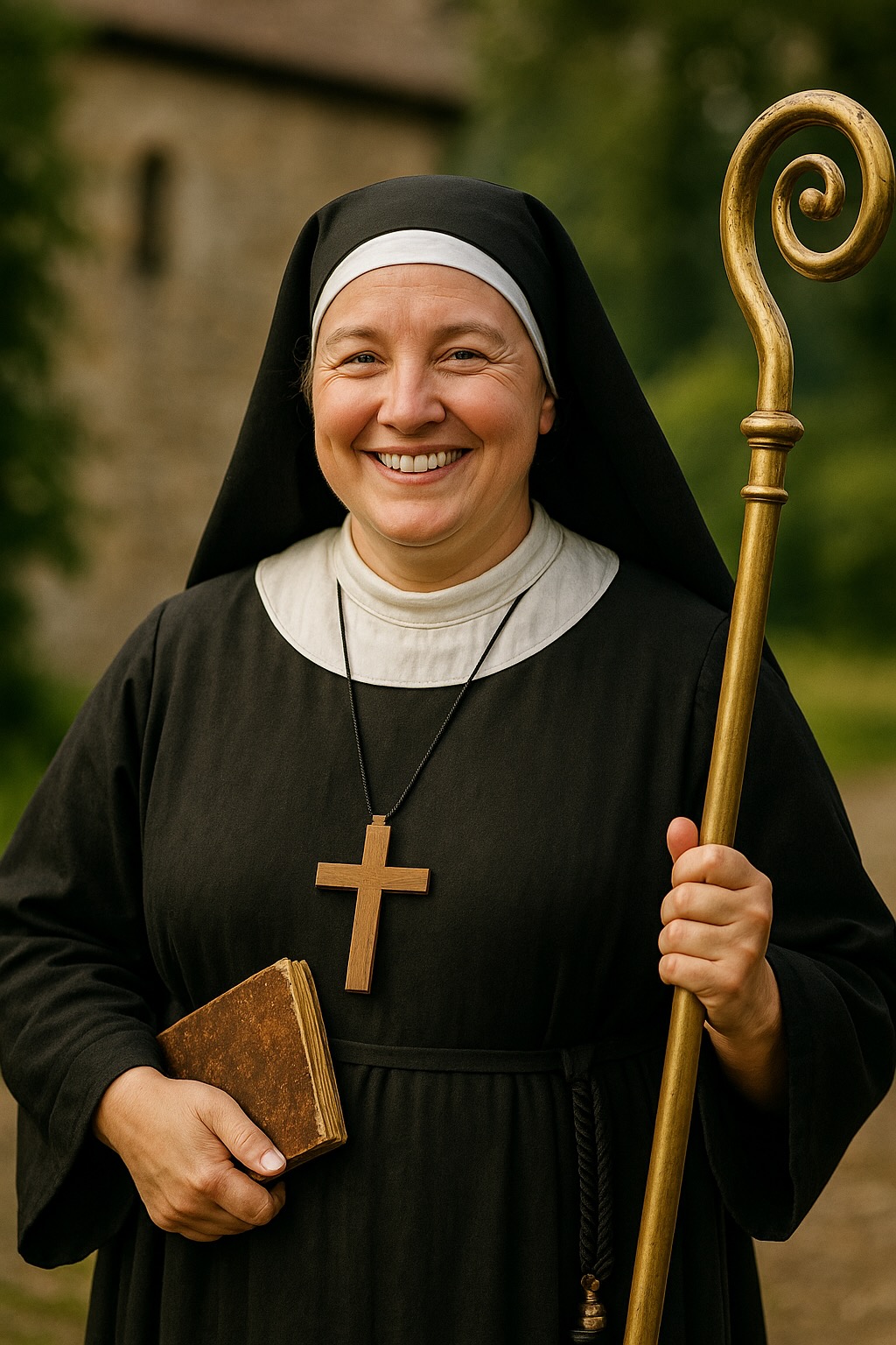 Fotorealistische Darstellung der seligen Irmengard von Frauenchiemsee als Äbtissin mit Abtsstab und Kirchenmodell am Chiemsee, freundlich lächelnd