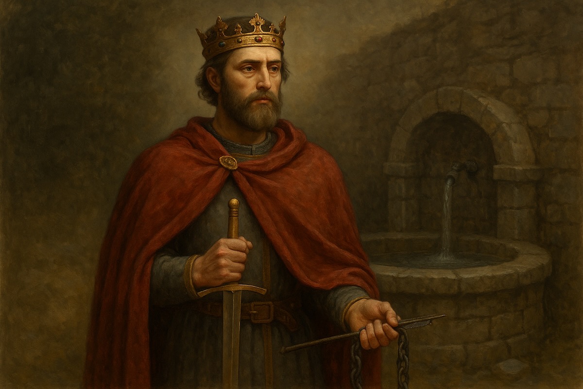 Darstellung des hl. Sigismund von Burgund mit Krone, Kette und Brunnenmotiv, realistisches digitales Gemälde