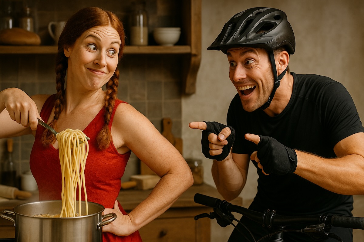 Ein Mann im Fahrradhelm und Sportkleidung tanzt lachend neben einer Frau im roten Kleid mit Zöpfen, die Nudeln aus einem Topf hebt. Beide haben übertriebene Gesichtsausdrücke in einer rustikalen Küche.