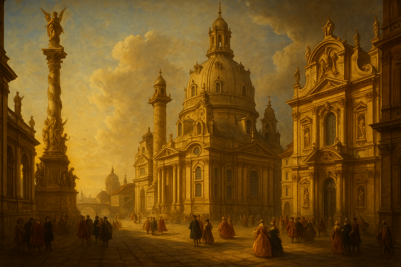 Barockes Ölgemälde mit dramatischer Lichtführung, goldenen Ornamenten und europäischen Architekturelementen