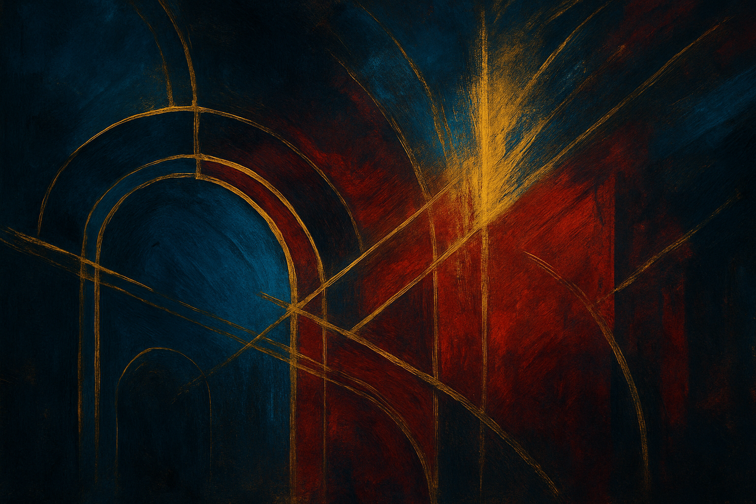 Abstraktes Gemälde aus tiefem Blau, Rot und Gold, mit barock anmutenden Linien und Lichtachsen