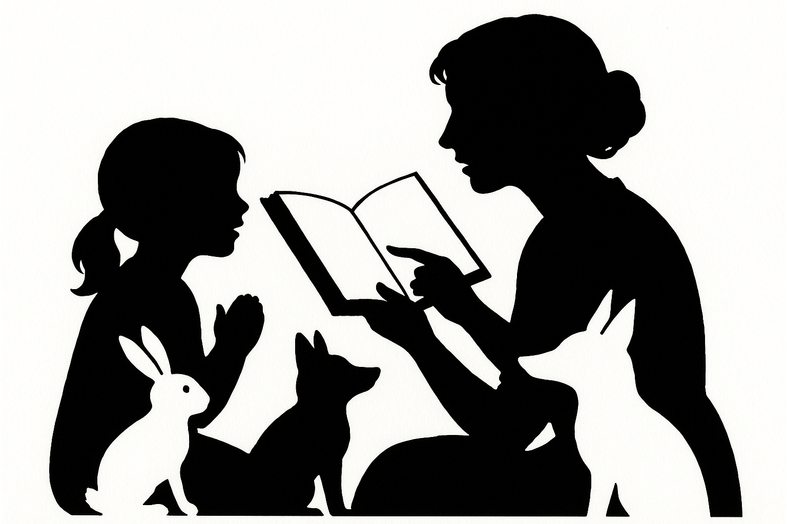 Scherenschnitt einer Frau, die einem Kind und Tieren eine Geschichte vorliest, schwarz-weiße Silhouette