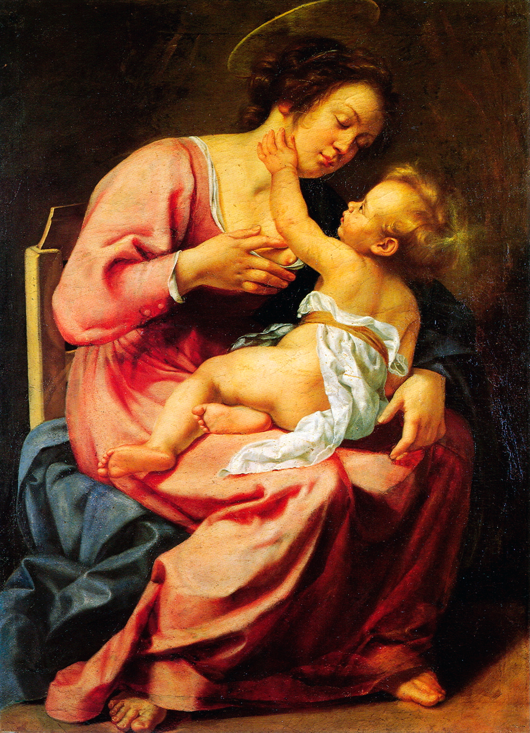 Madonna, die ihr Kind liebevoll an die Brust nimmt; zärtliche Szene in warmen Farben, gemalt von Artemisia Gentileschi um 1609.