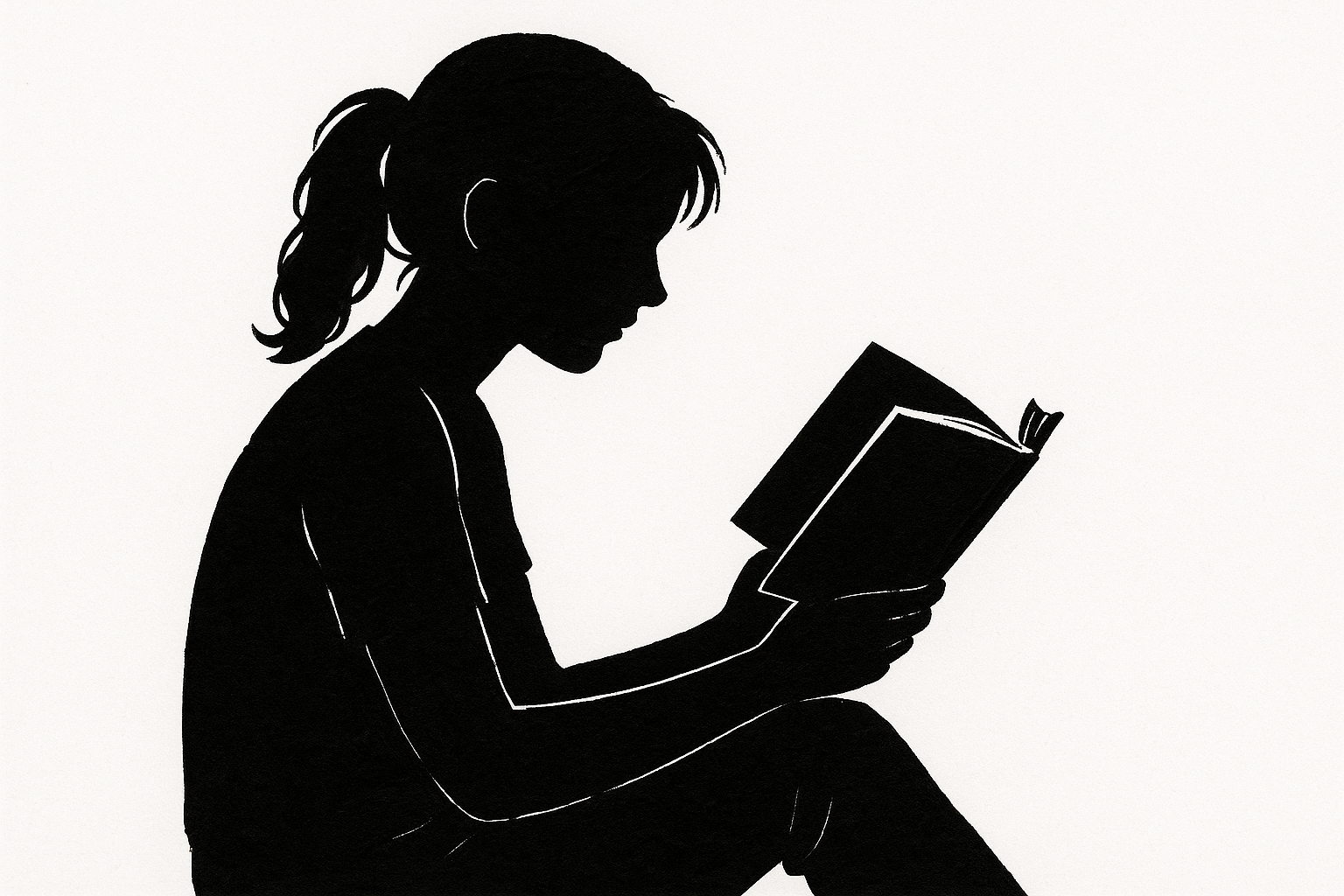 Scherenschnitt einer jungen Frau, die in ein Buch vertieft liest, schwarz-weiße Silhouette.