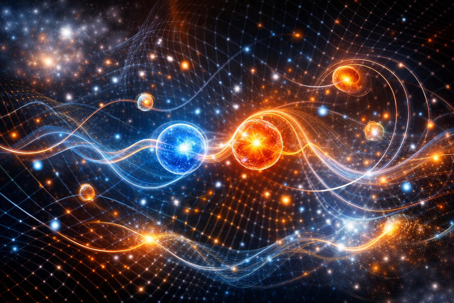Abstrakte Darstellung quantenphysikalischer Beziehungen mit Energieformen und Zustandsübergängen im Raum