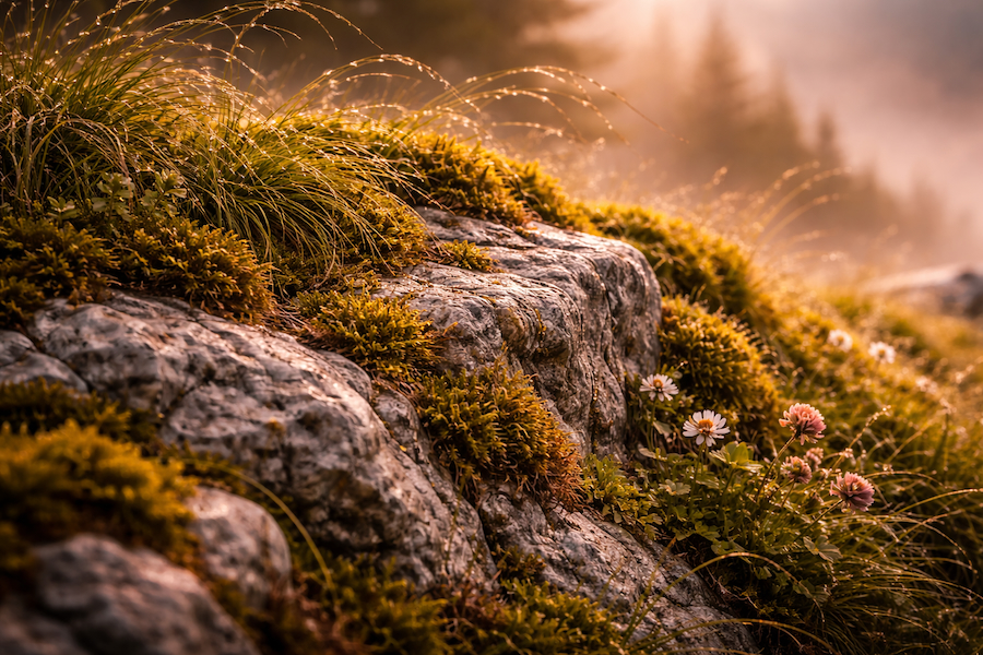 Sonnenlicht fällt über moosbewachsene Felsen und Gräser auf einer Alm.