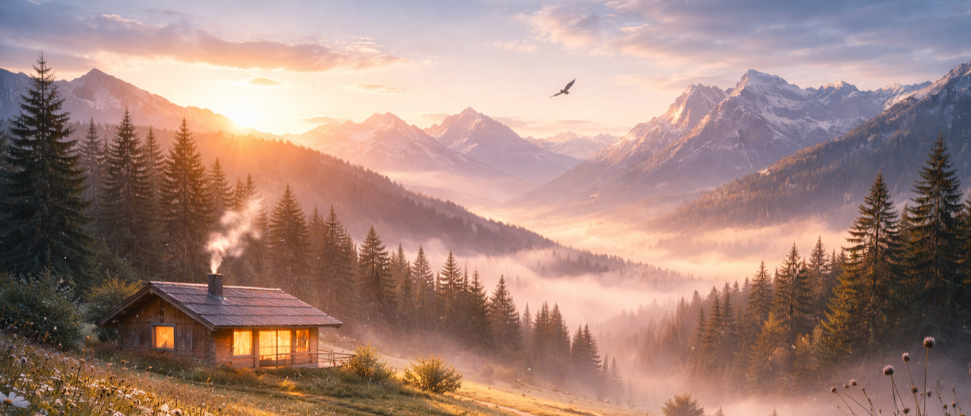Berghütte im Licht der aufgehenden Sonne vor einem Alpenpanorama