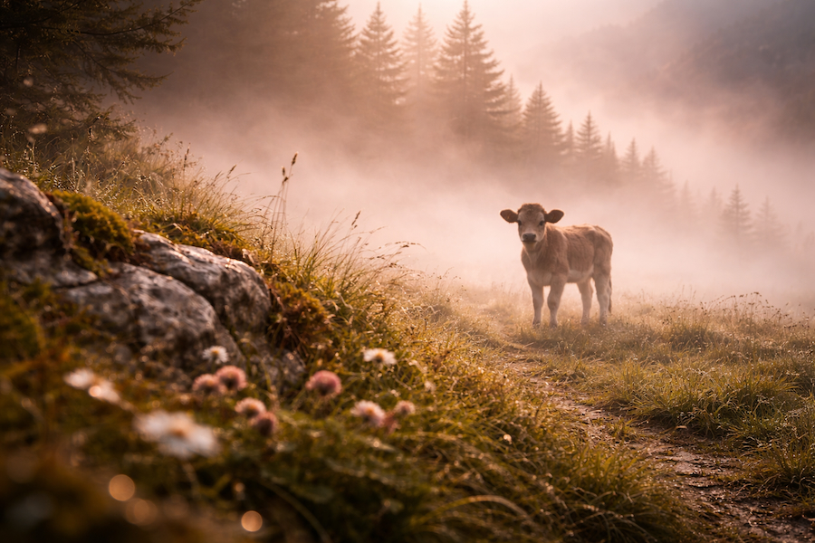 Ein junges Kalb steht im warmen Morgenlicht auf einem nebligen Almweg.