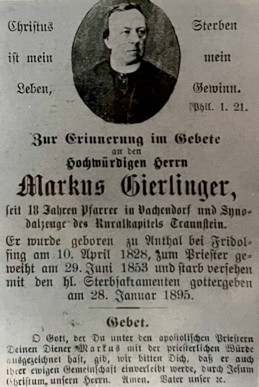 Sterbebild von Markus Gierlinger, Pfarrer in Vachendorf, 1828–1895