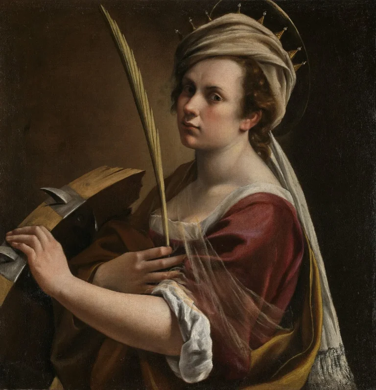 Artemisia Gentileschi als heilige Katharina von Alexandrien mit Märtyrerpalme und zerbrochenem Rad