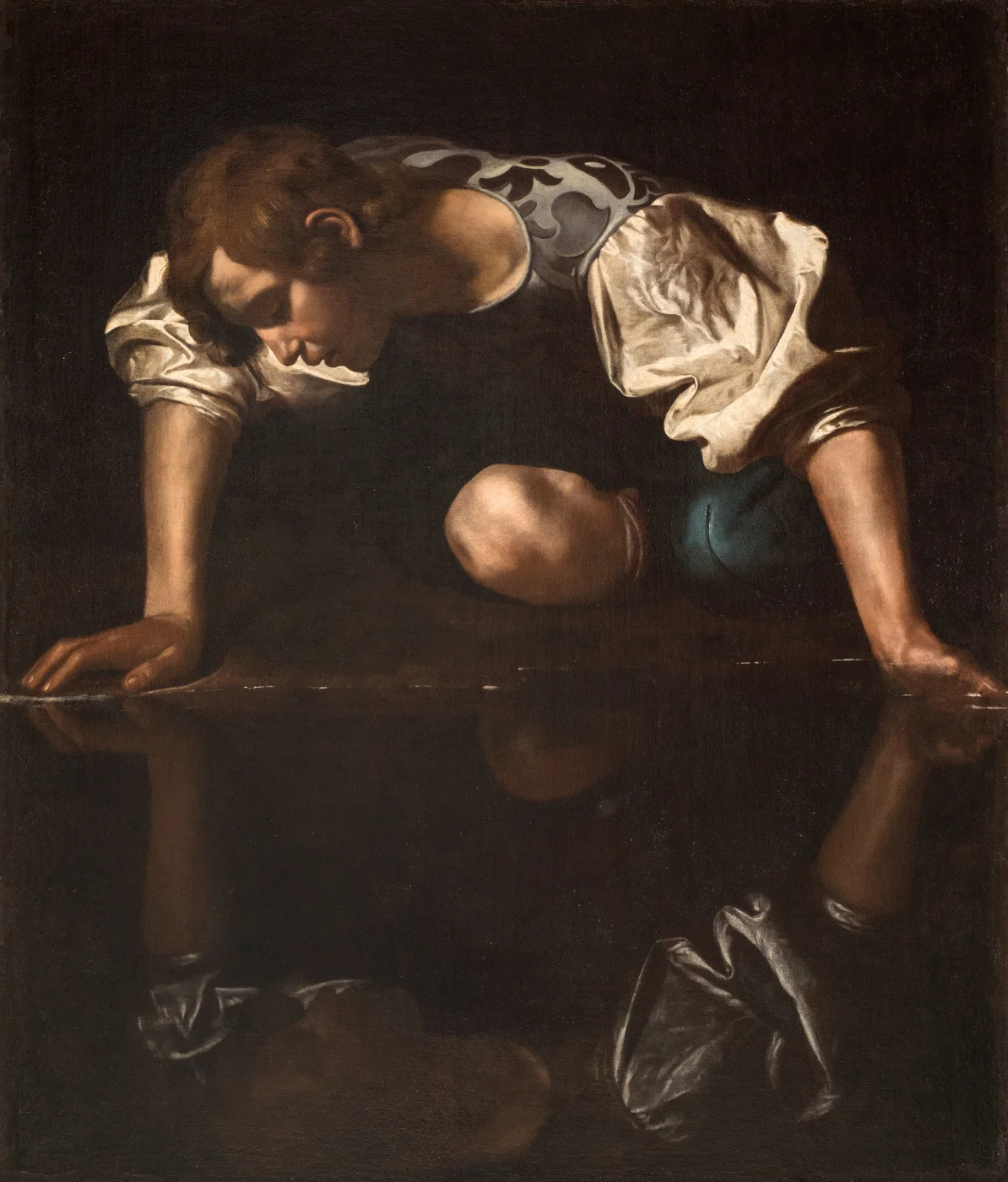 Caravaggios Narziss beugt sich über sein Spiegelbild im dunklen Wasser