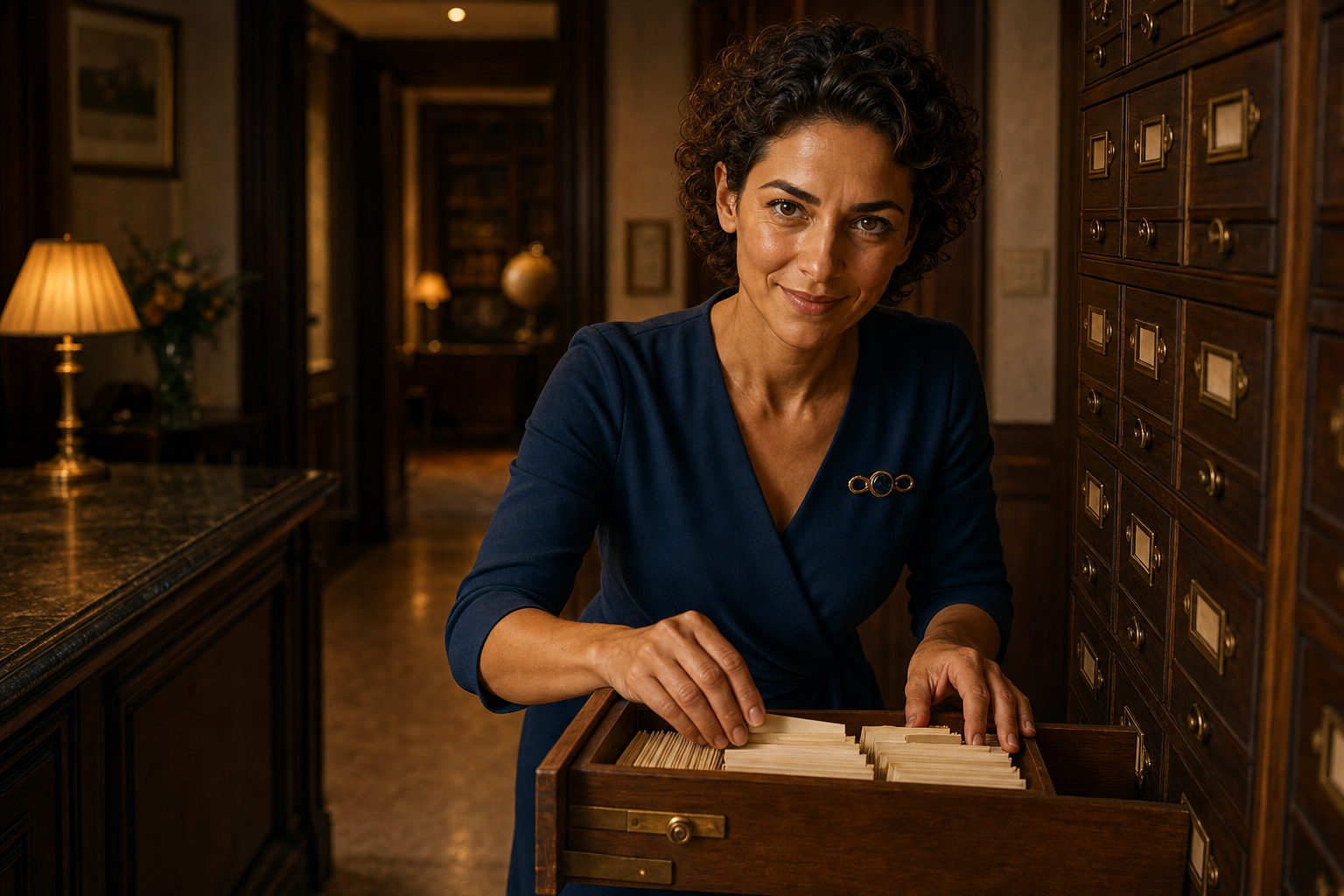 Caroline durchsucht an der Rezeption des IfaZ einen hölzernen Karteikasten und blickt zum Besucher.
