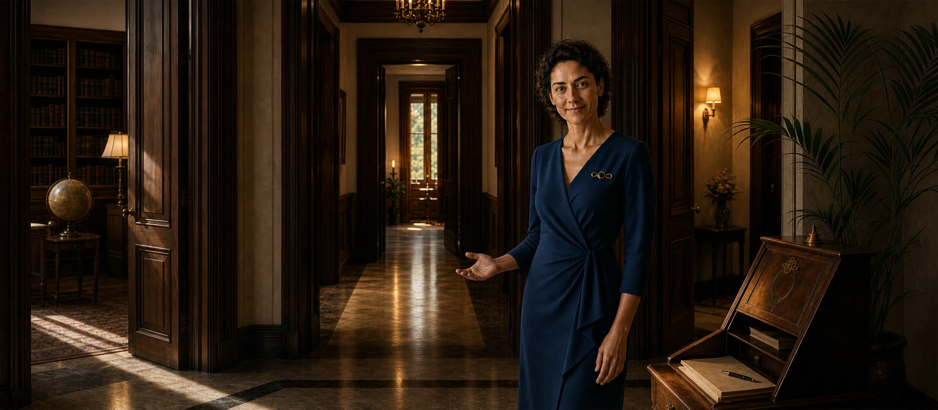 Caroline empfängt den Besucher in der Rezeption und weist in den Flur des IfaZ