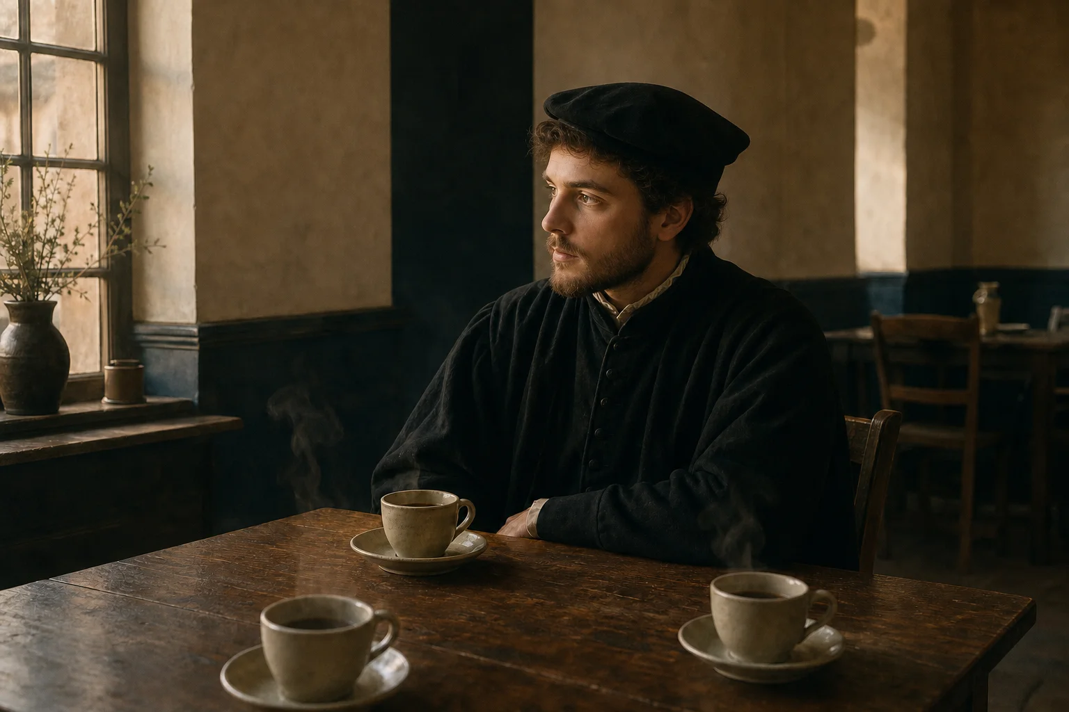 KI-generierte historische Interpretation des jungen Pierre Favre im metaphysischen Café, um 1534