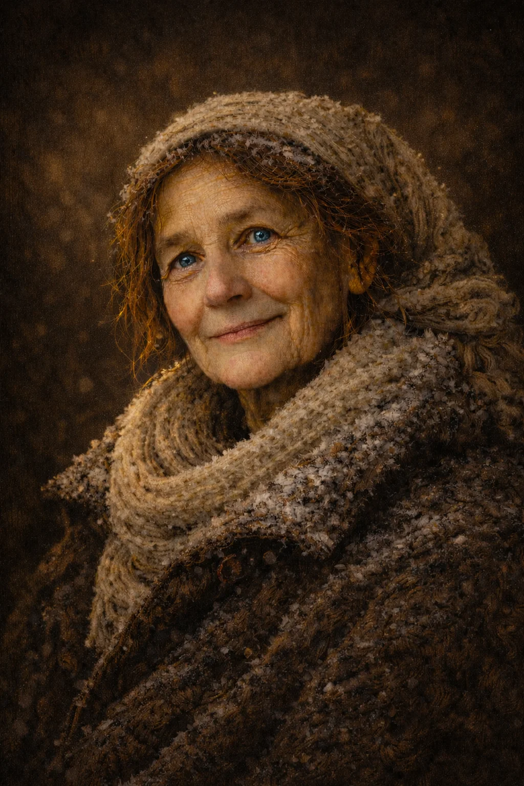 Winterfrau, digitales Porträt einer älteren Frau mit winterlichem Kopftuch und warmem, zugewandtem Blick